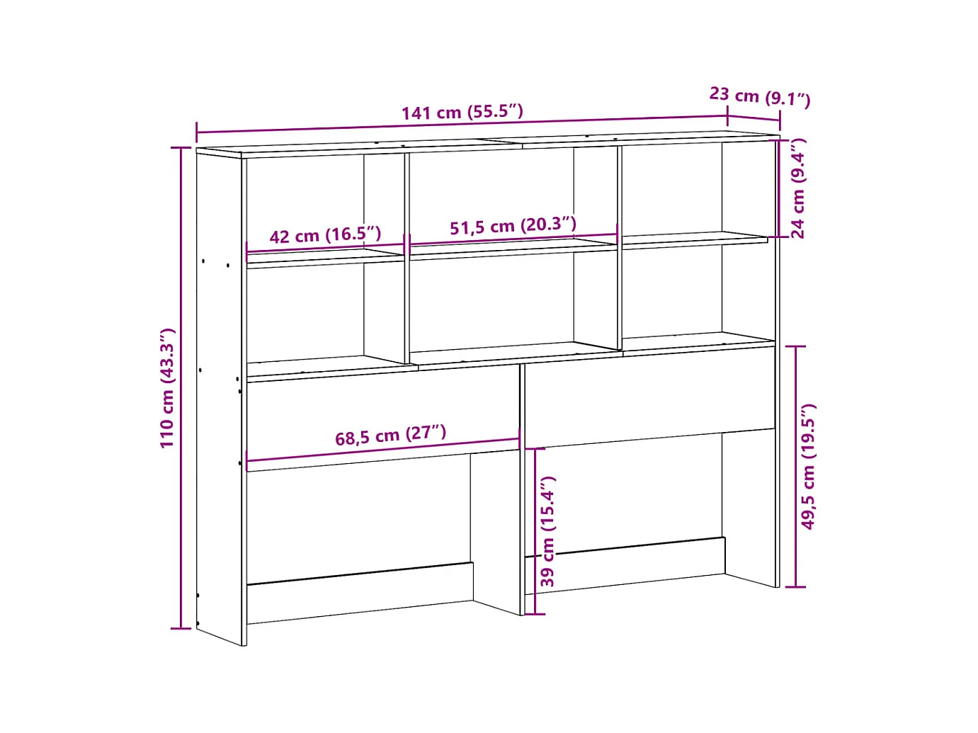 Tête de lit avec rangement cire marron 135cm bois massif de pin