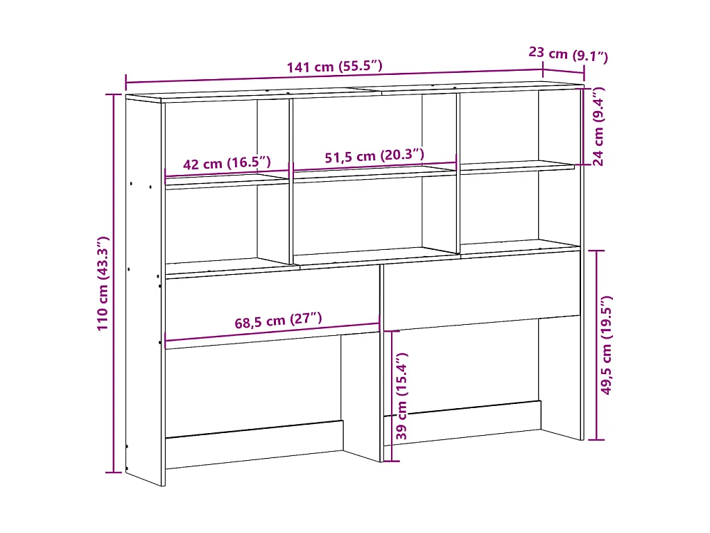 Hoofdbord met opbergruimte 135 cm massief grenenhout wasbruin