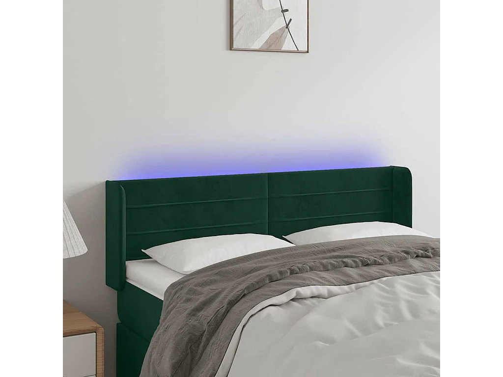 Cabeceira cama c/ luzes LED veludo 147x16x78/88 cm verde-escuro
