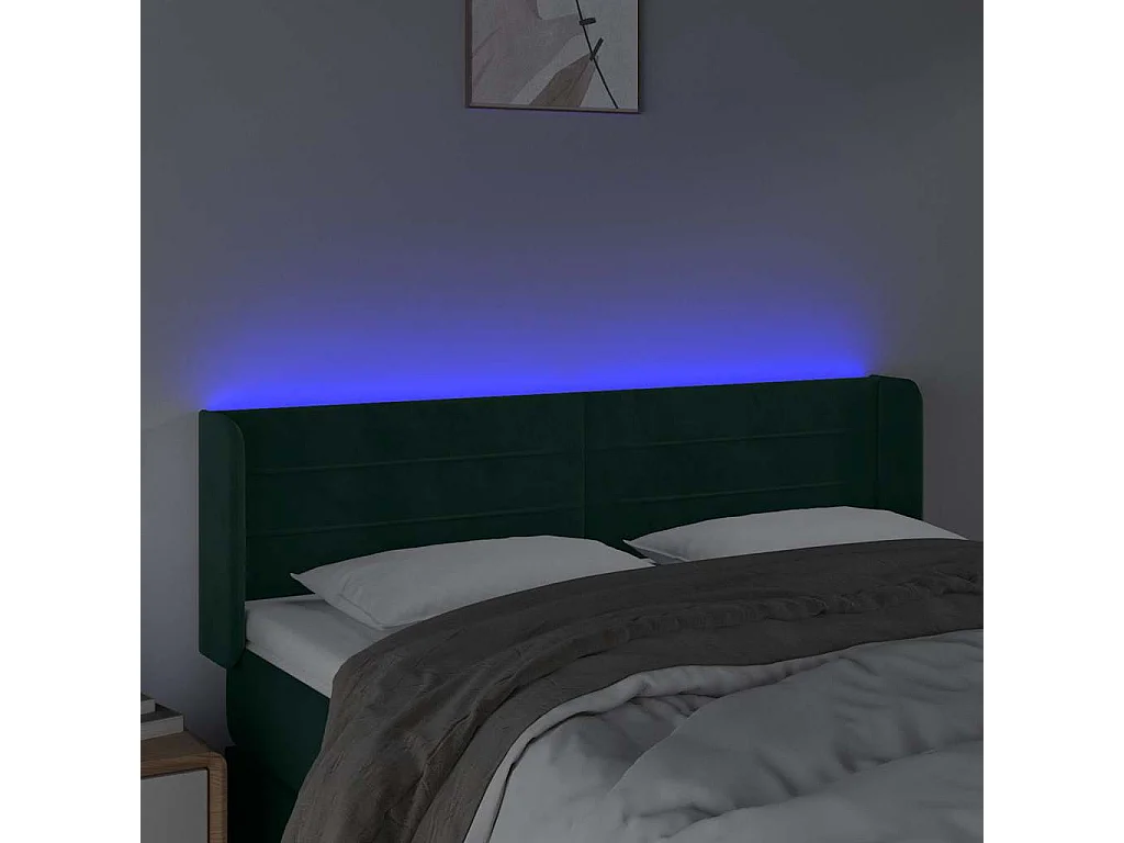 Cabeceira cama c/ luzes LED veludo 147x16x78/88 cm verde-escuro