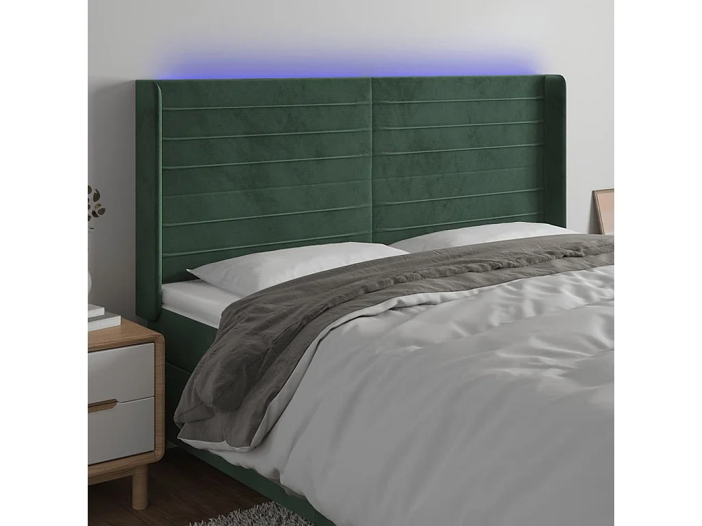 Cabeceira de cama c/ LED veludo 183x16x118/128 cm verde-escuro