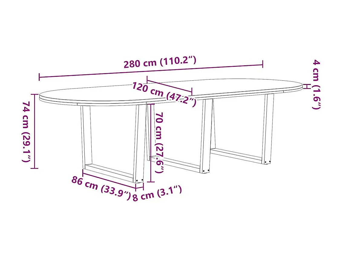 Eettafel 280x120x74 cm ovaal massief eikenhout lichtbruin