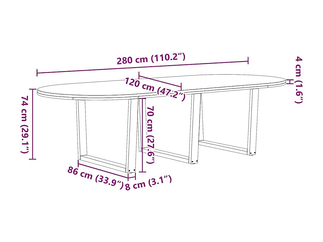 Esstisch Hellbraun 280x120x74 cm Massivholz Eiche Oval