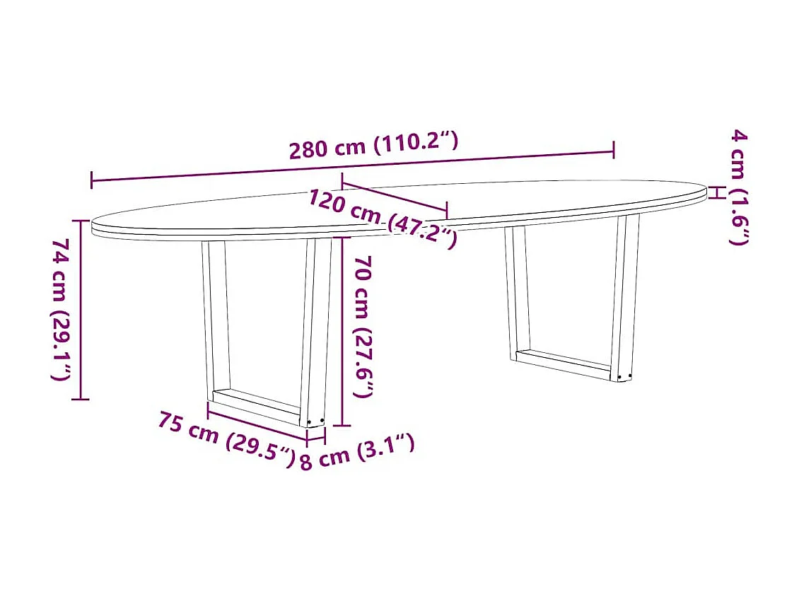 Eettafel 280x120x74 cm ovaal massief eikenhout lichtbruin
