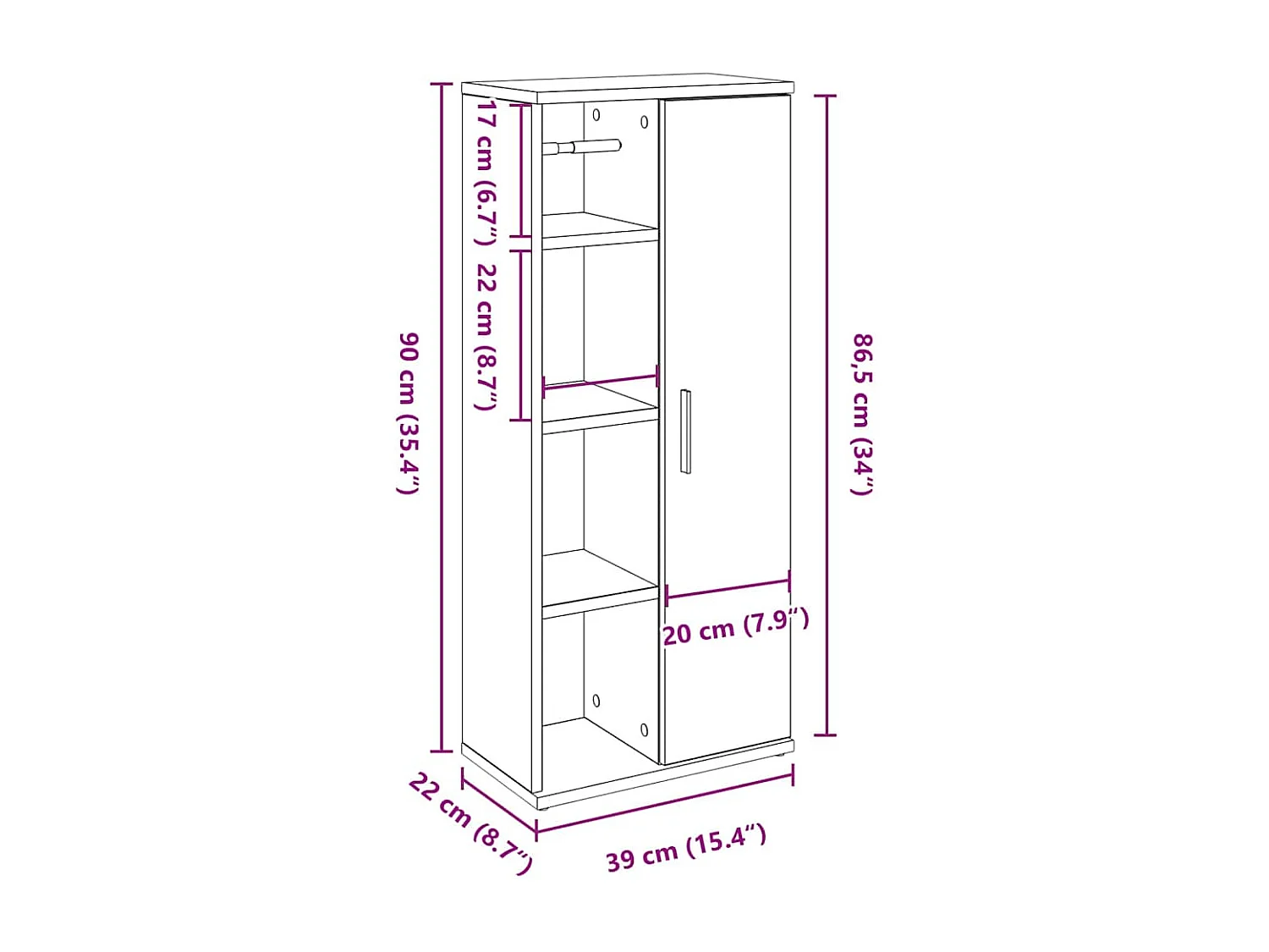 Meuble de salle de bain avec porte-rouleau blanc 39x22x90 cm