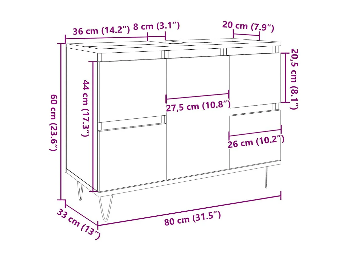 Armoire salle de bain gris béton 80x33x60cm bois d'ingénierie