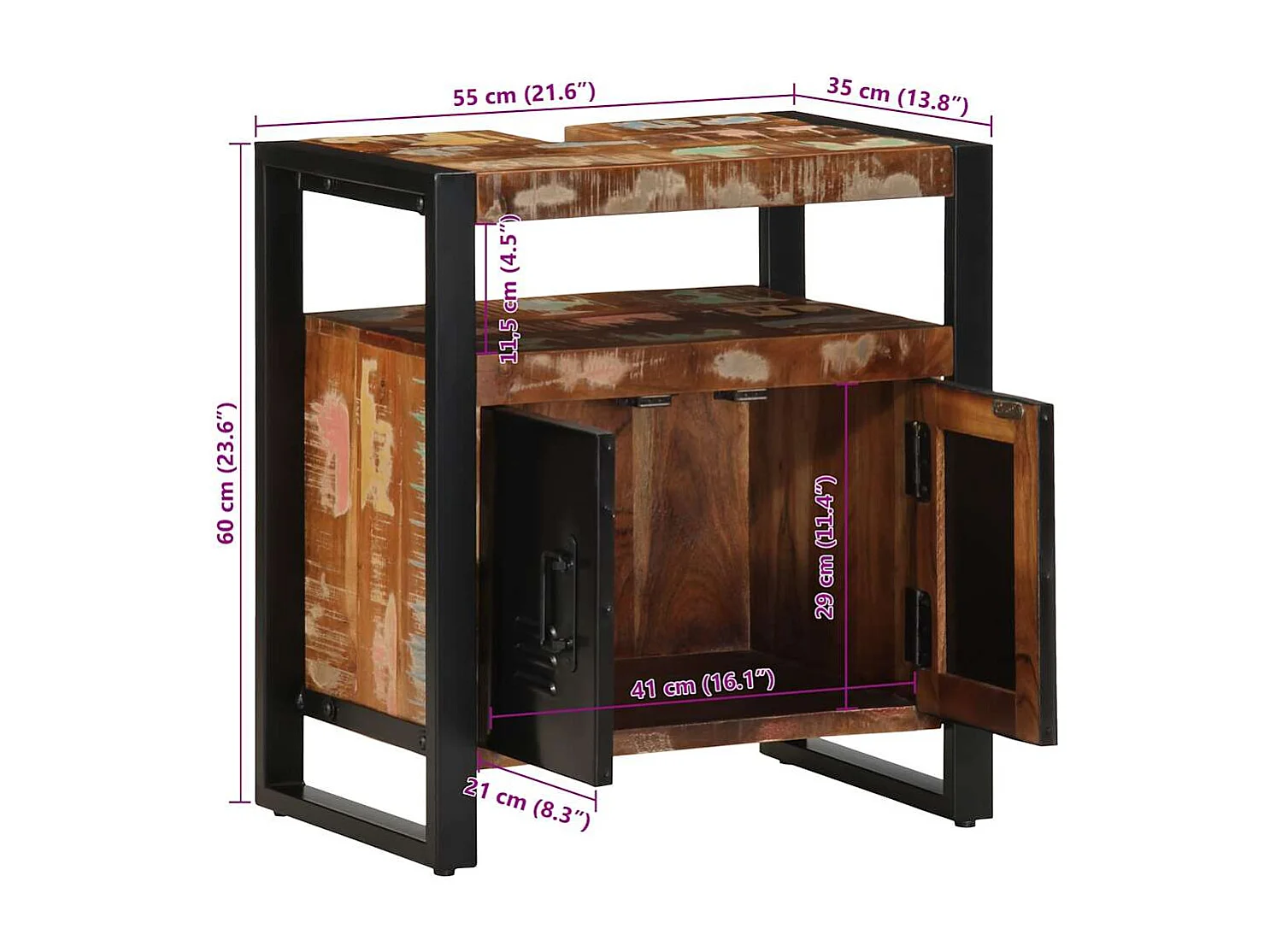 Armário pia do banheiro 55x35x60 cm madeira maciça recuperada