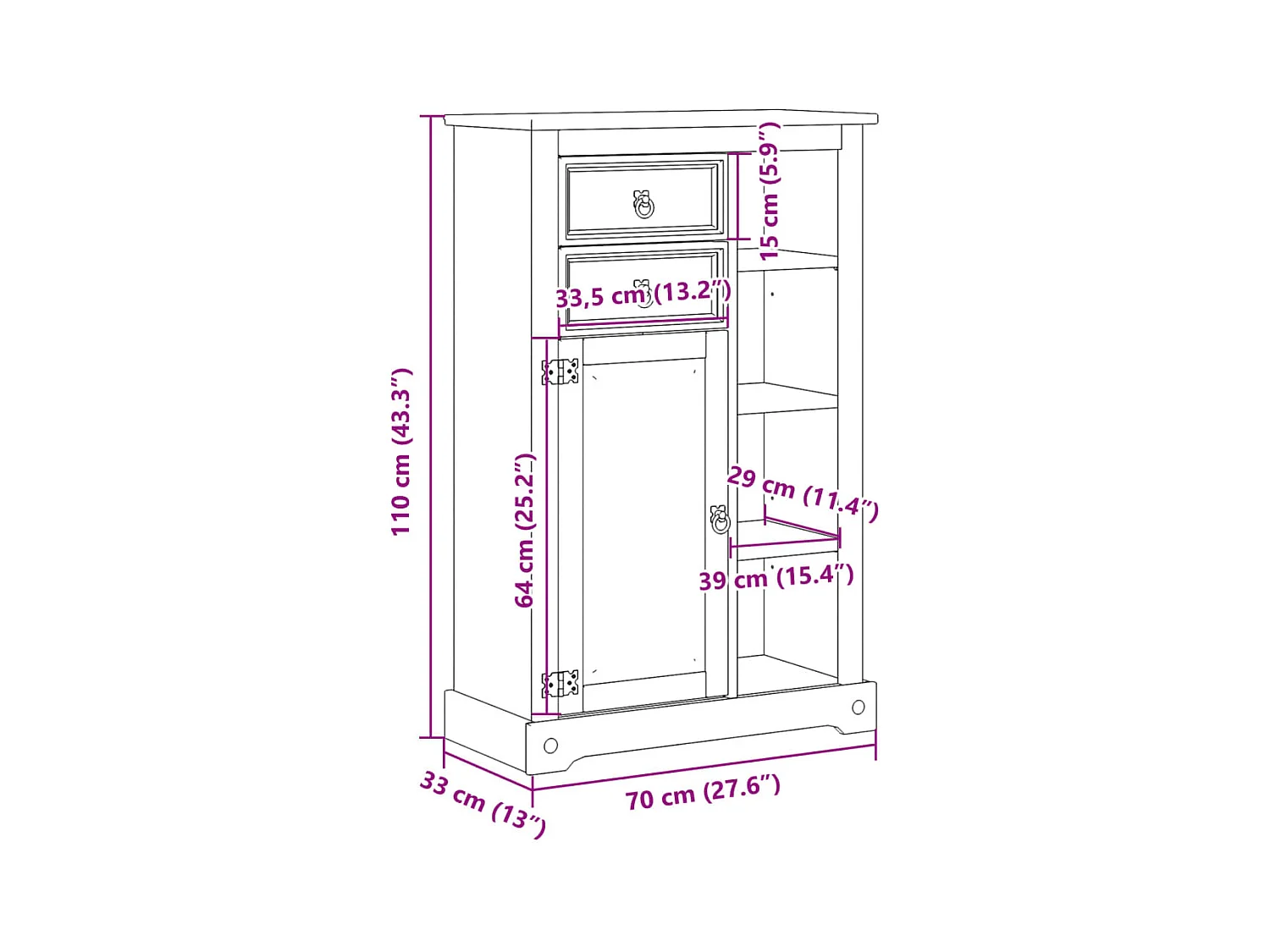 Armoire de salle de bain Corona 70x33x110 cm bois de pin massif
