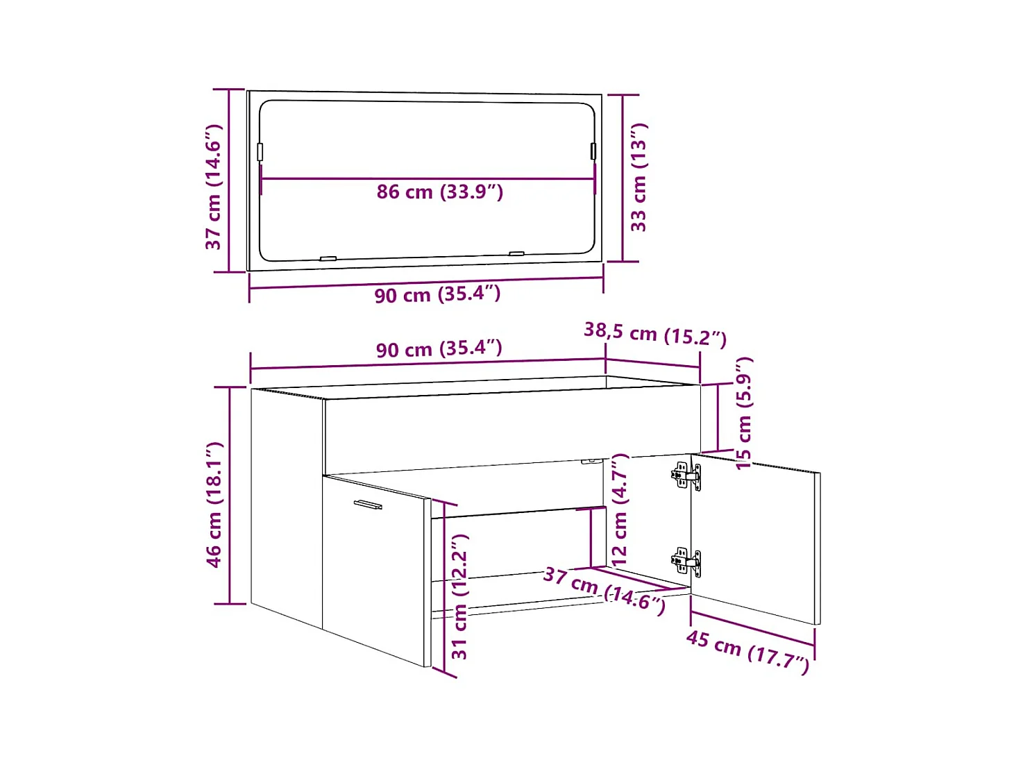 Armoire de bain avec miroir gris béton bois d'ingénierie