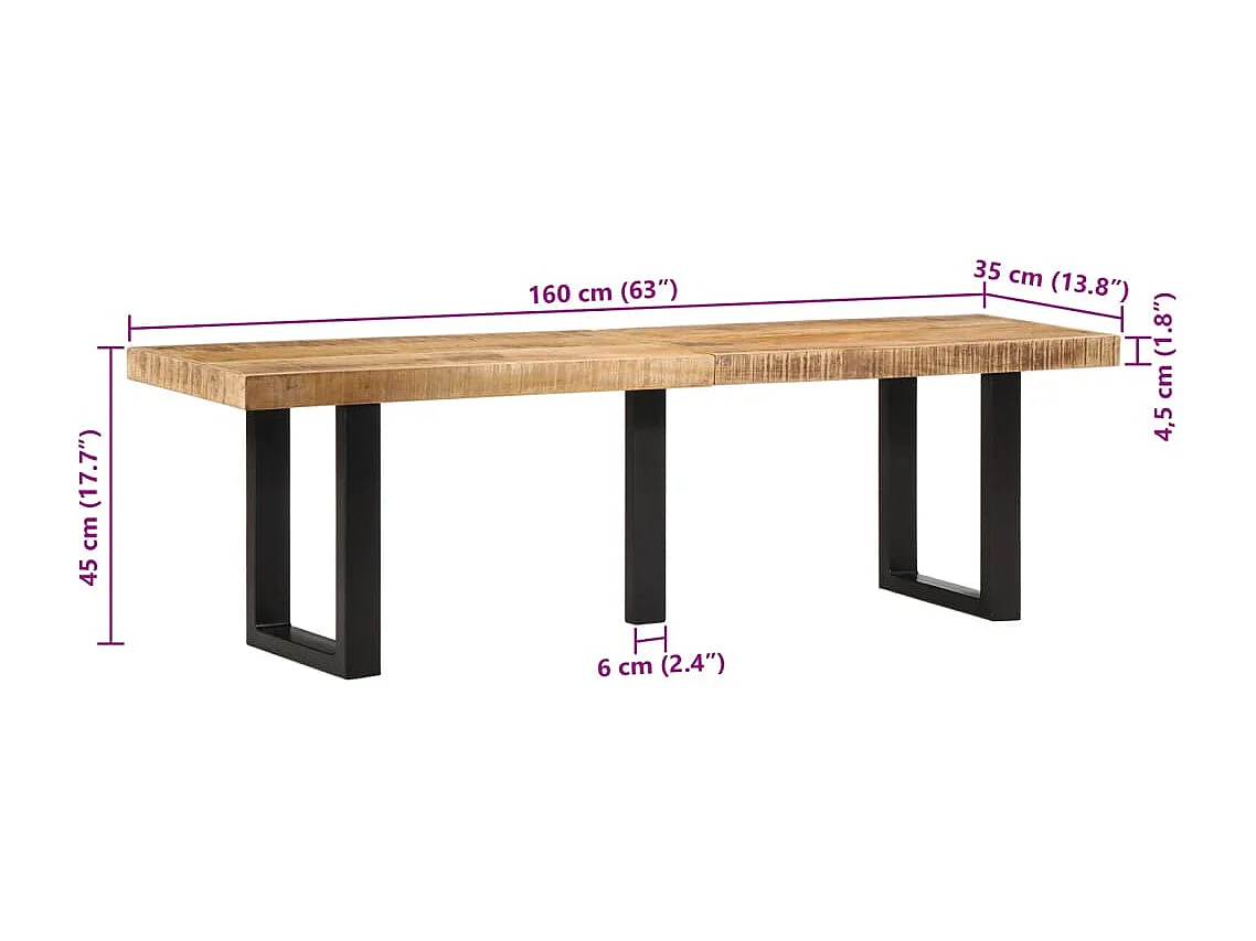 Banc 160 cm bois de manguier brut massif et acier