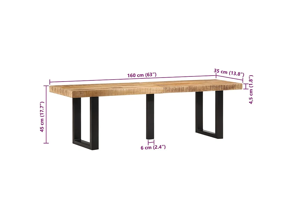 Banc 160 cm bois de manguier brut massif et acier