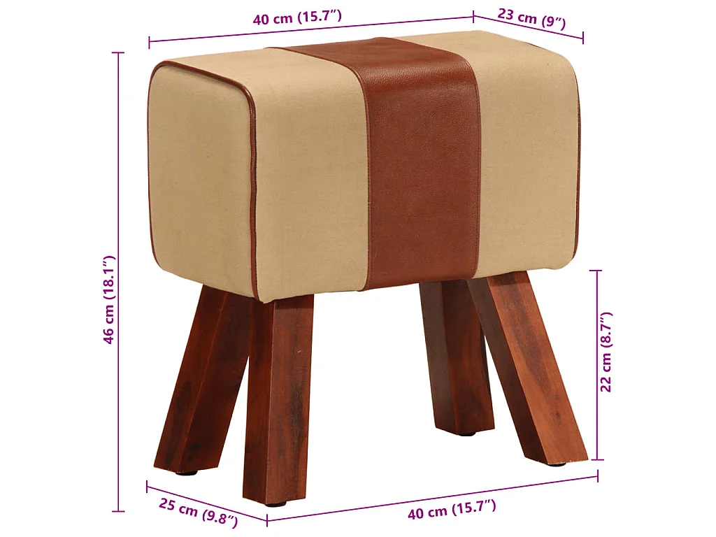 Banc saut de cheval 38 cm marron cuir véritable et manguier