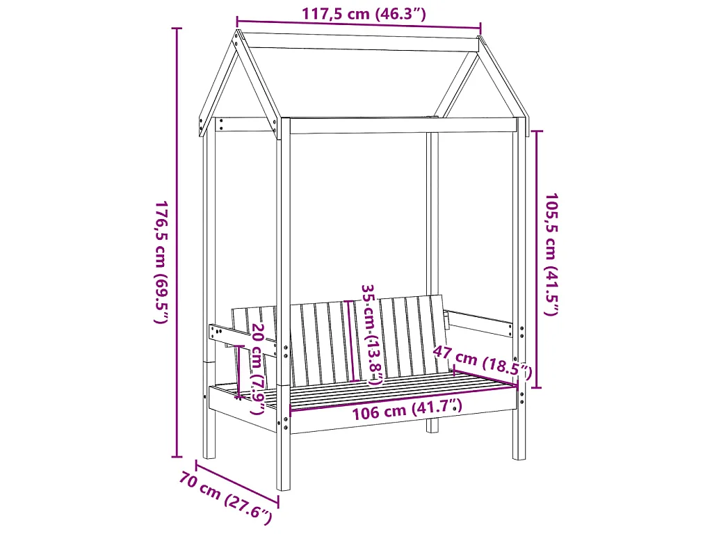 Panchina con Tetto Bianca 117,5x70x176,5 cm in Legno di Pino