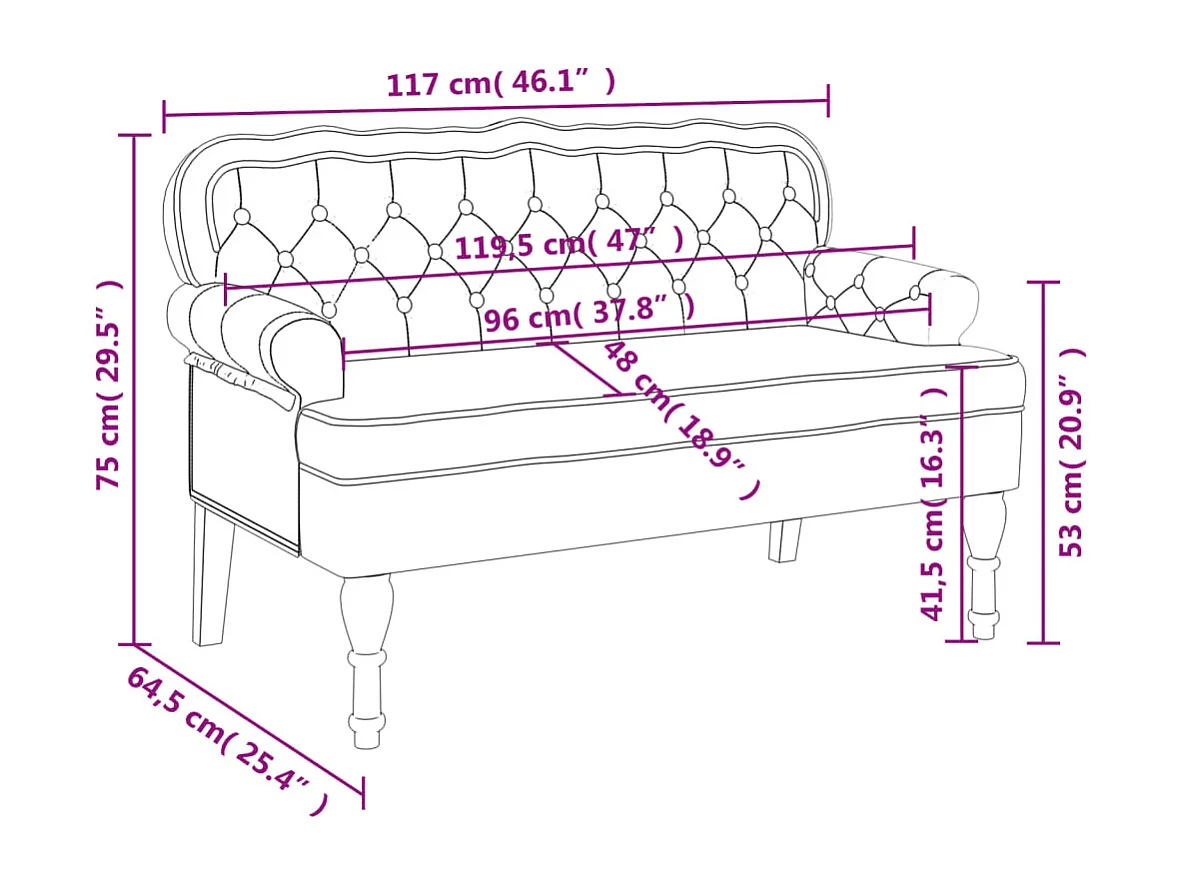 Banc avec dossier bleu 119,5x64,5x75 cm velours