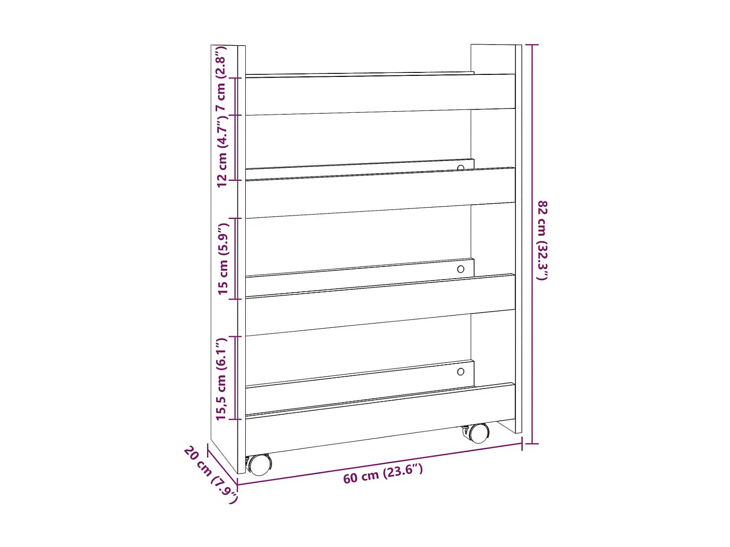 Chariot de rangement étroit 4 niveaux chêne sonoma