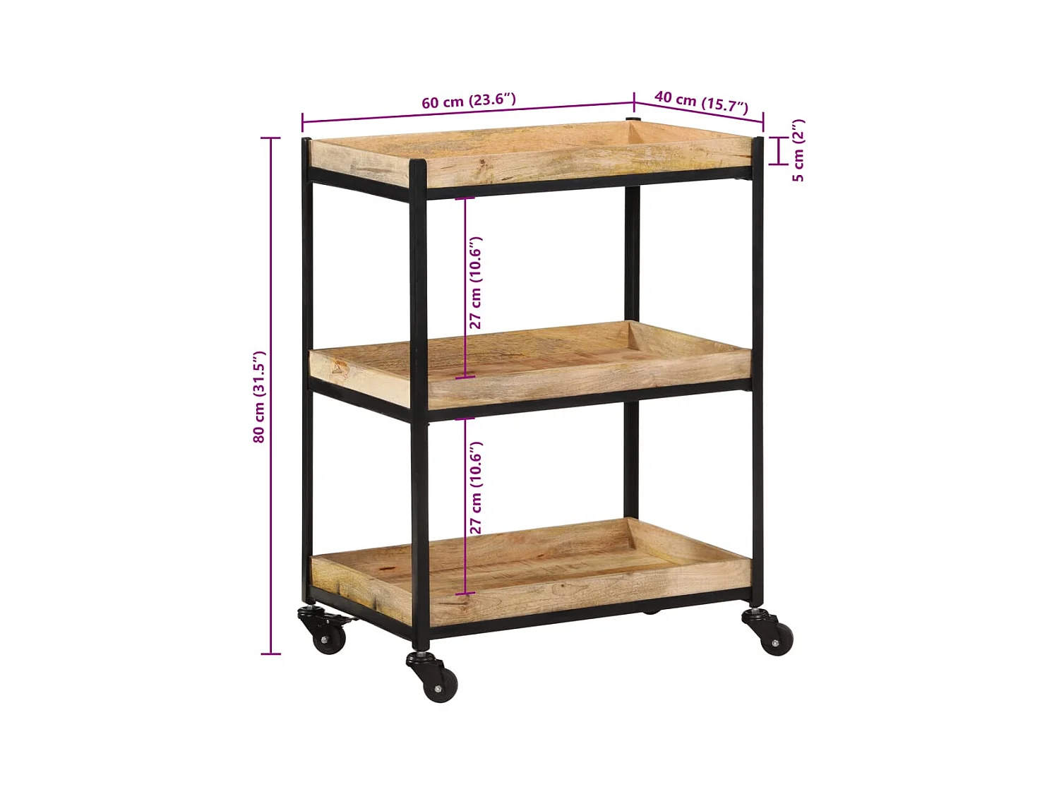 Keukentrolley 60x40x80 cm massief ruw mangohout