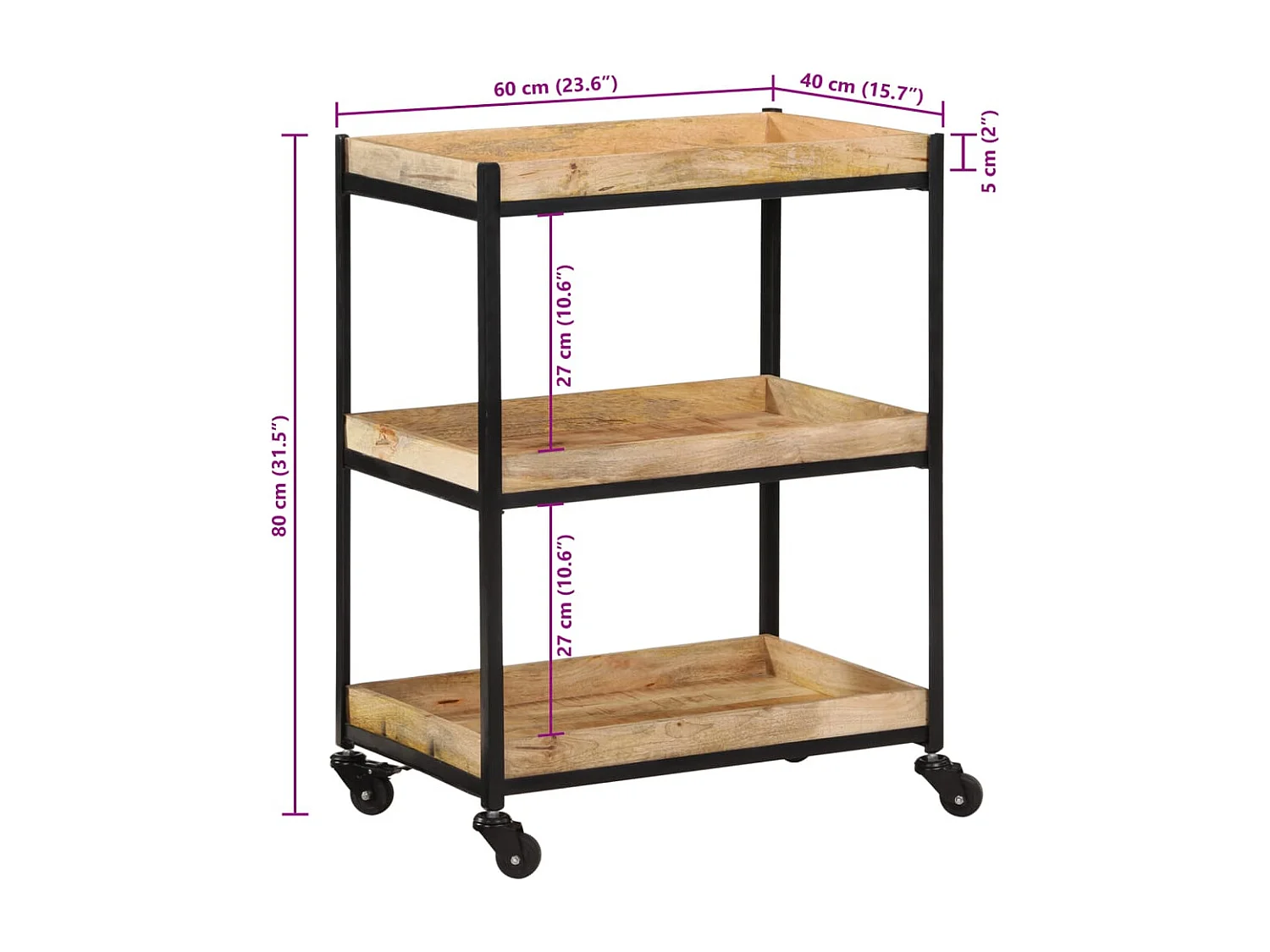 Chariot de cuisine 60x40x80 cm bois de manguier brut massif