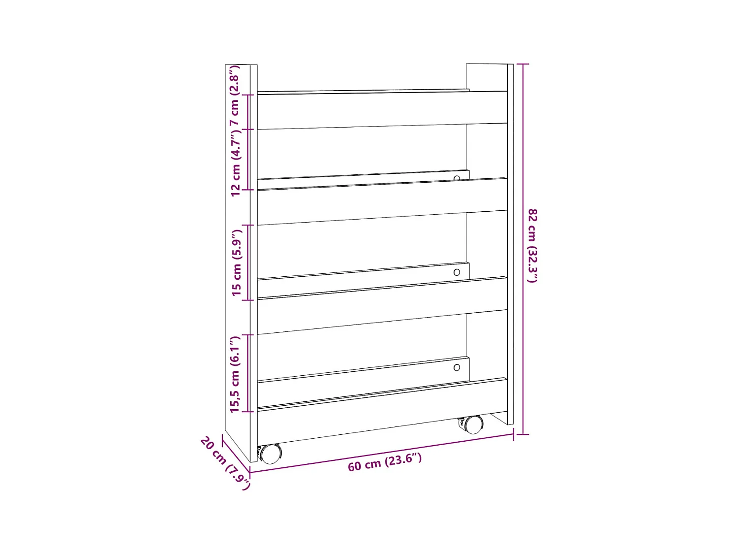 Opbergtrolley smal 4-laags bewerkt hout wit
