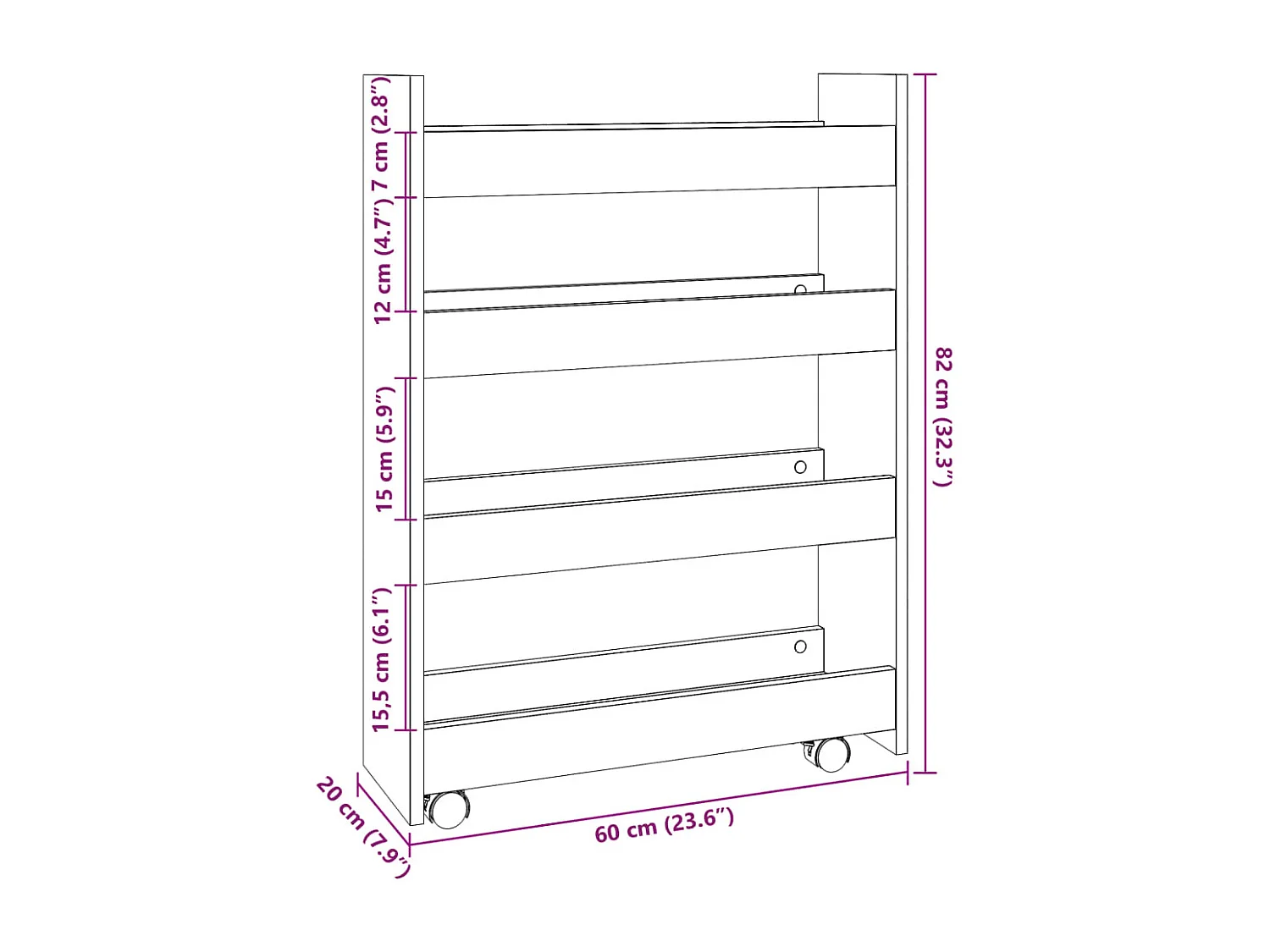 Carrito de almacenaje estrecho de 4 niveles de madera de ingeniería blanca
