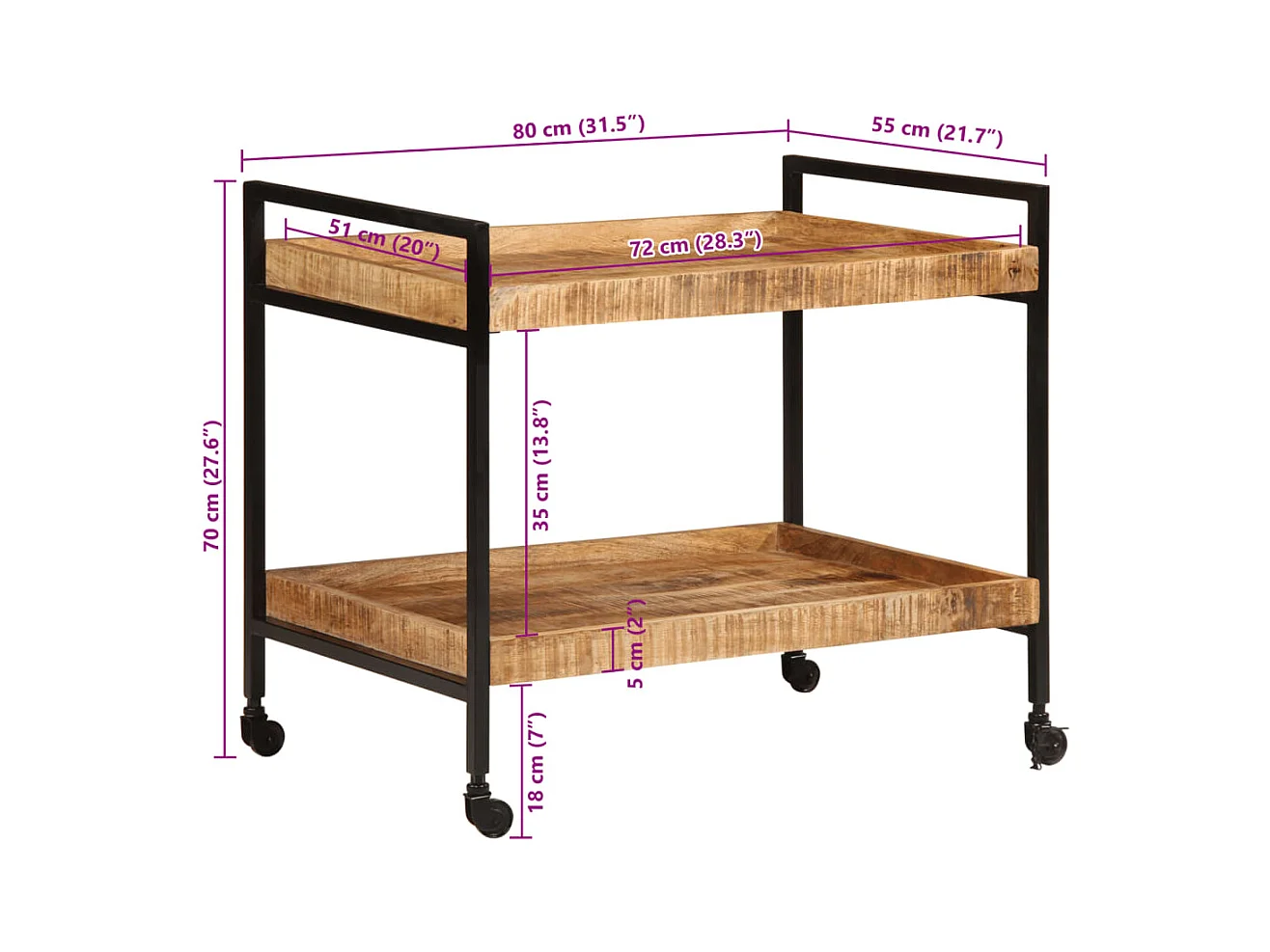 Chariot de cuisine 80x55x70 cm bois de manguier brut massif