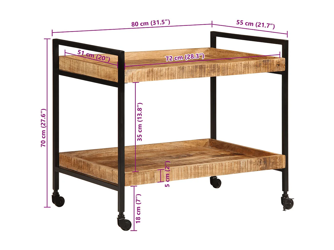 Chariot de cuisine 80x55x70 cm bois de manguier brut massif