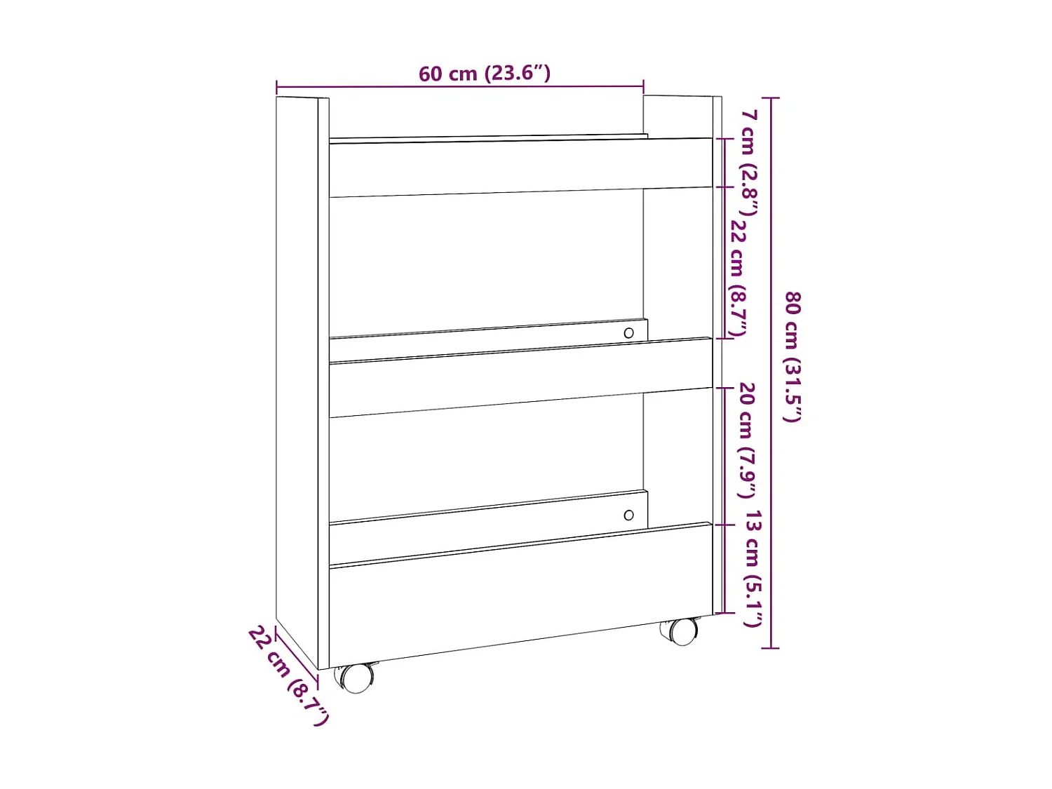 Chariot de rangement étroit 3 niveaux vieux bois