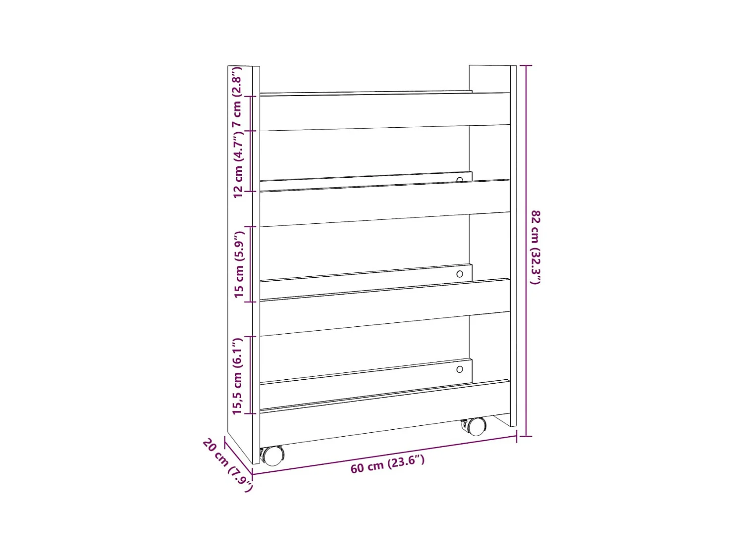 Chariot de rangement étroit 4 niveaux gris béton