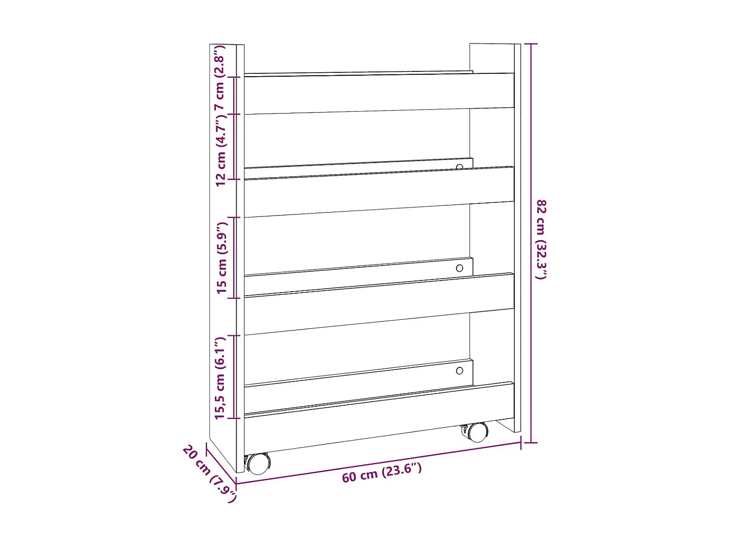 Chariot de rangement étroit 4 niveaux gris béton