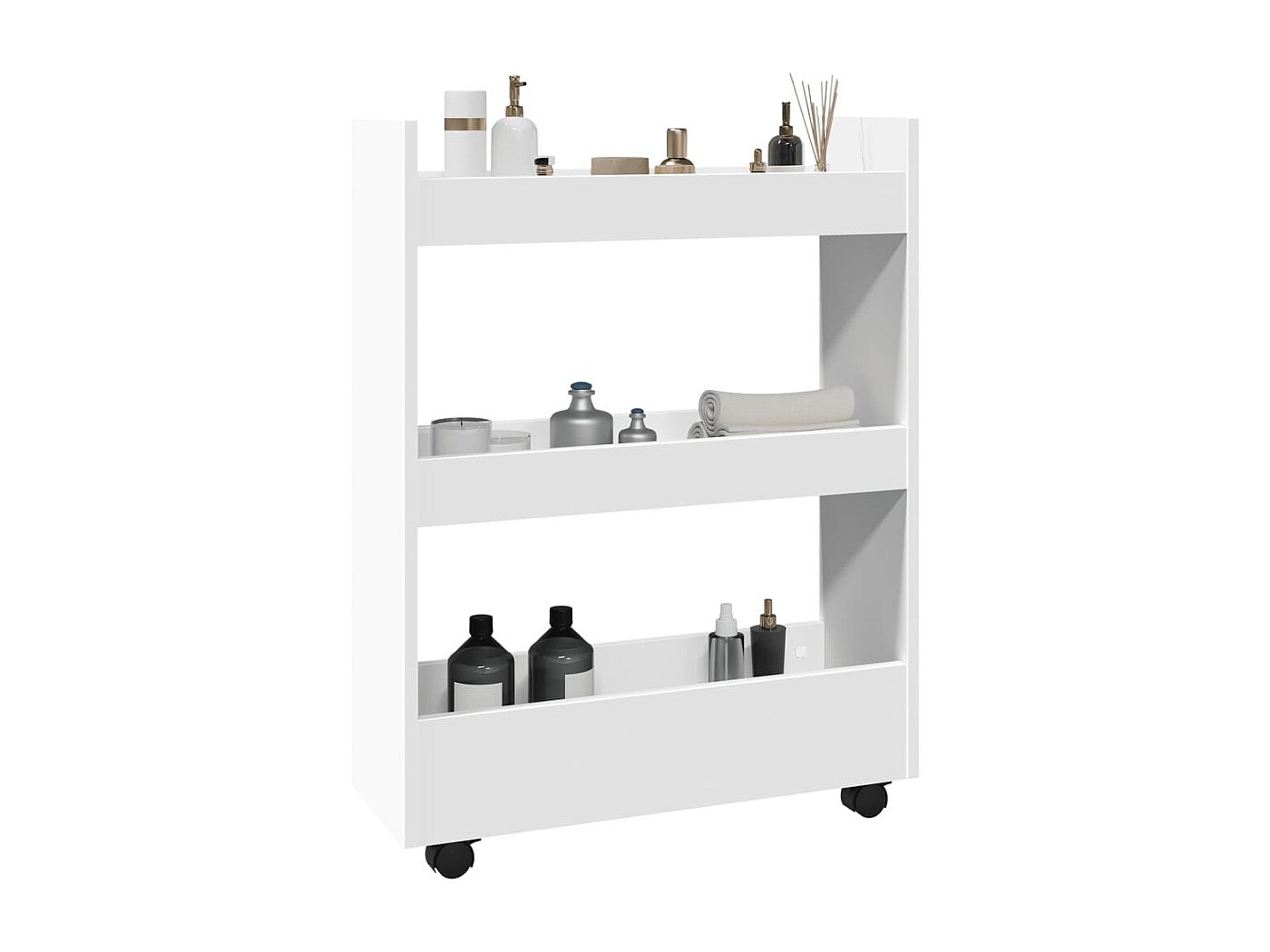 Carrello Portaoggetti Stretto 3 Ripiani In Truciolato Nero | 60x18x70 Cm, Ruote Girevoli Con Freno, 60 Kg Di Carico