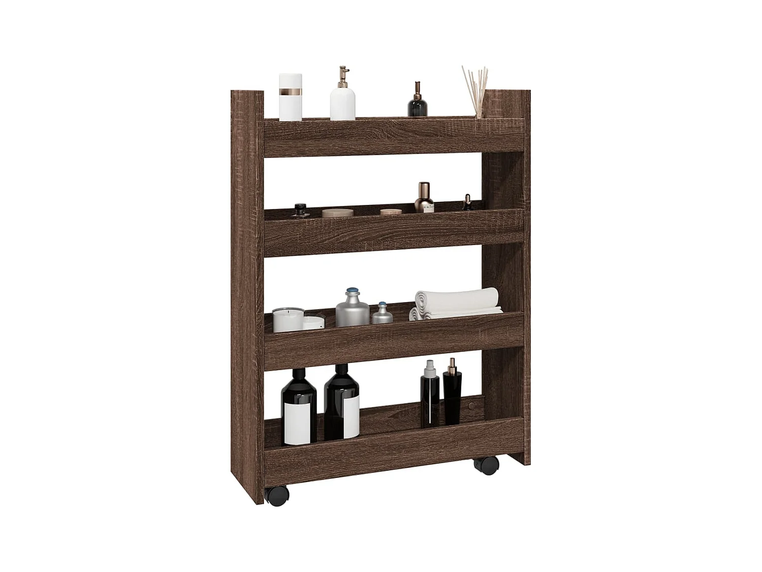 Carro de almacenaje estrecho 4 niveles madera marrón roble