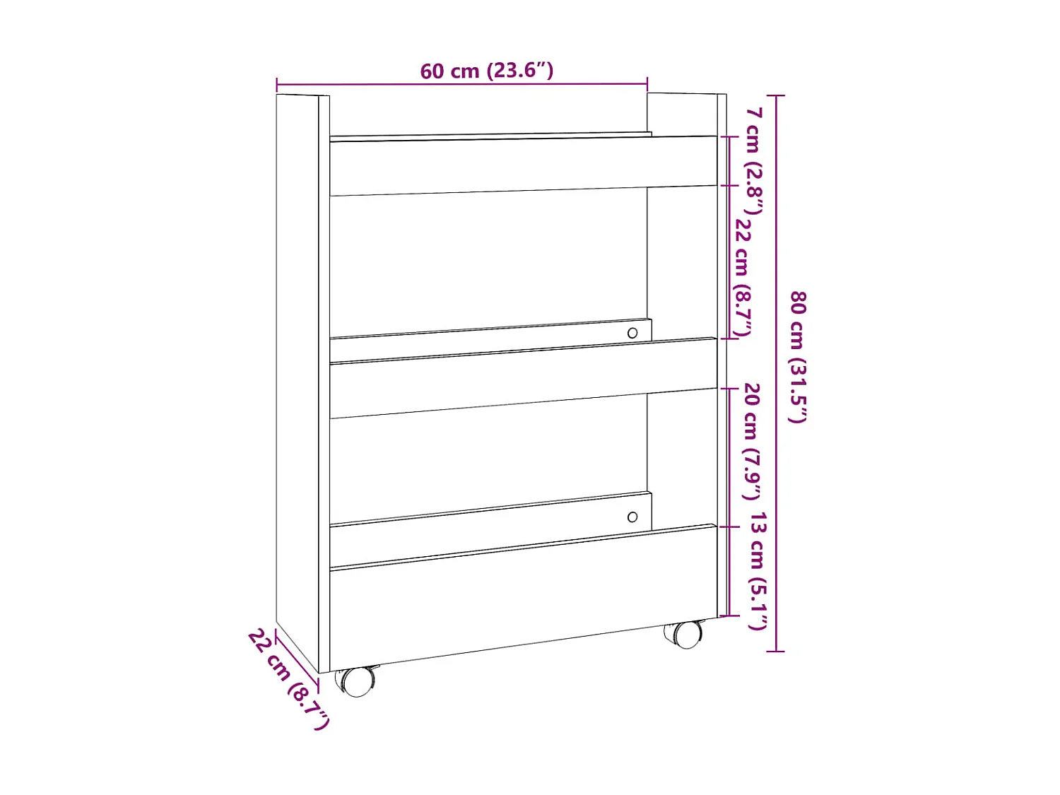 Chariot de rangement étroit 3 niveaux noir bois d'ingénierie