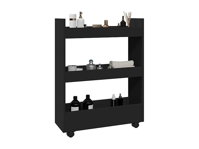 Chariot de rangement étroit 3 niveaux noir bois d'ingénierie