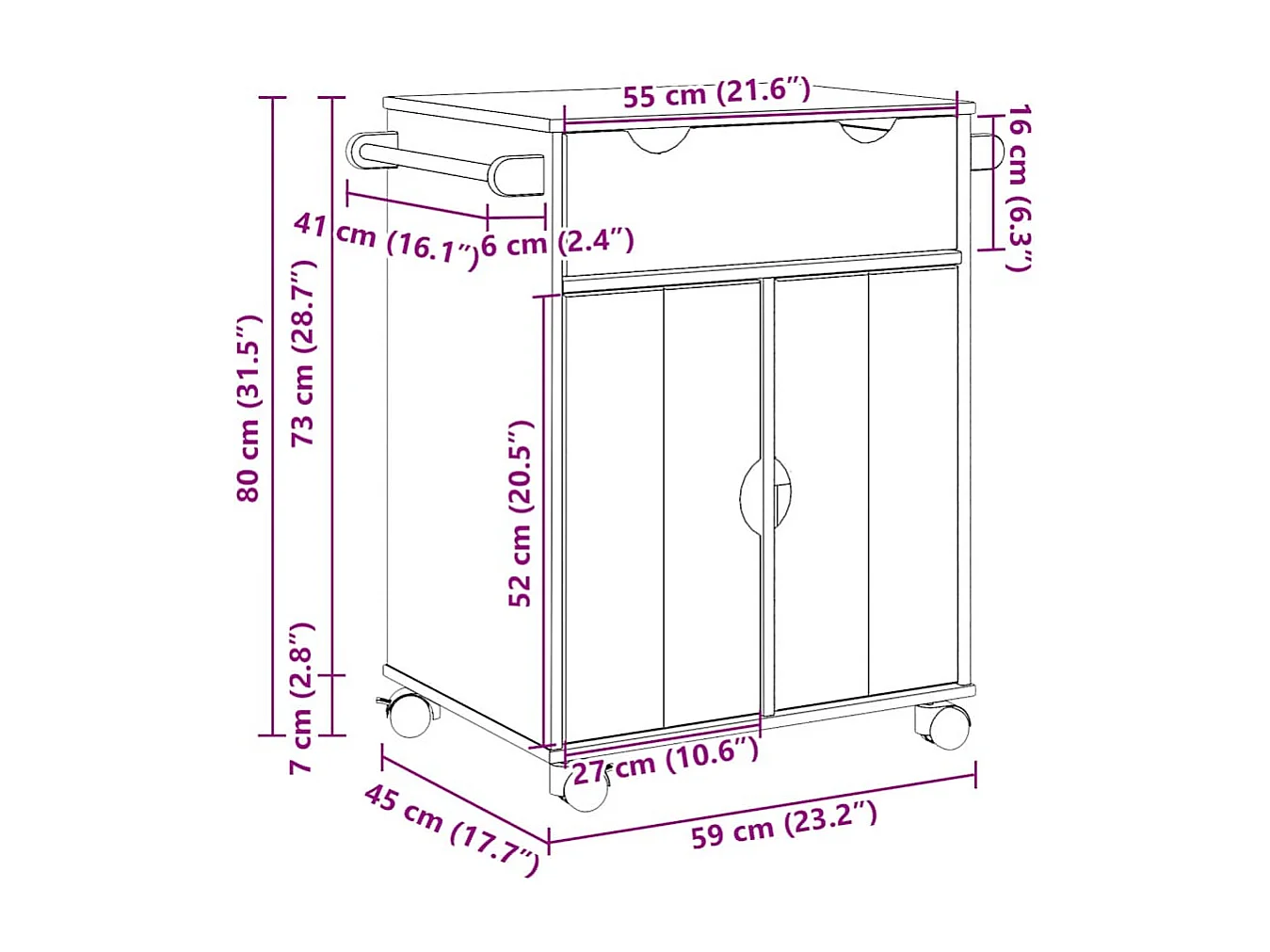 Chariot de cuisine OTTA 59x45x80 cm bois massif de pin