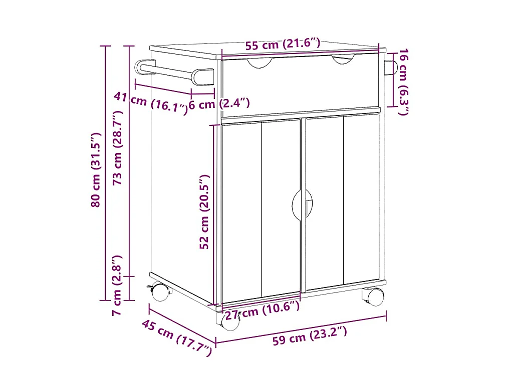 Carrello da Cucina OTTA 59x45x80 cm in Legno Massello di Pino