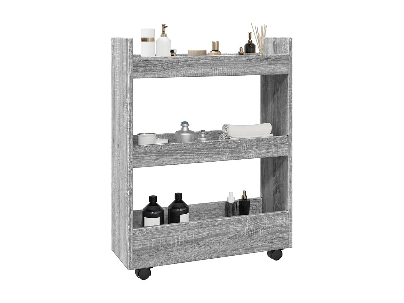 Carrello Portaoggetti Stretto 3 Ripiani In Truciolato Nero | 60x18x70 Cm, Ruote Girevoli Con Freno, 60 Kg Di Carico