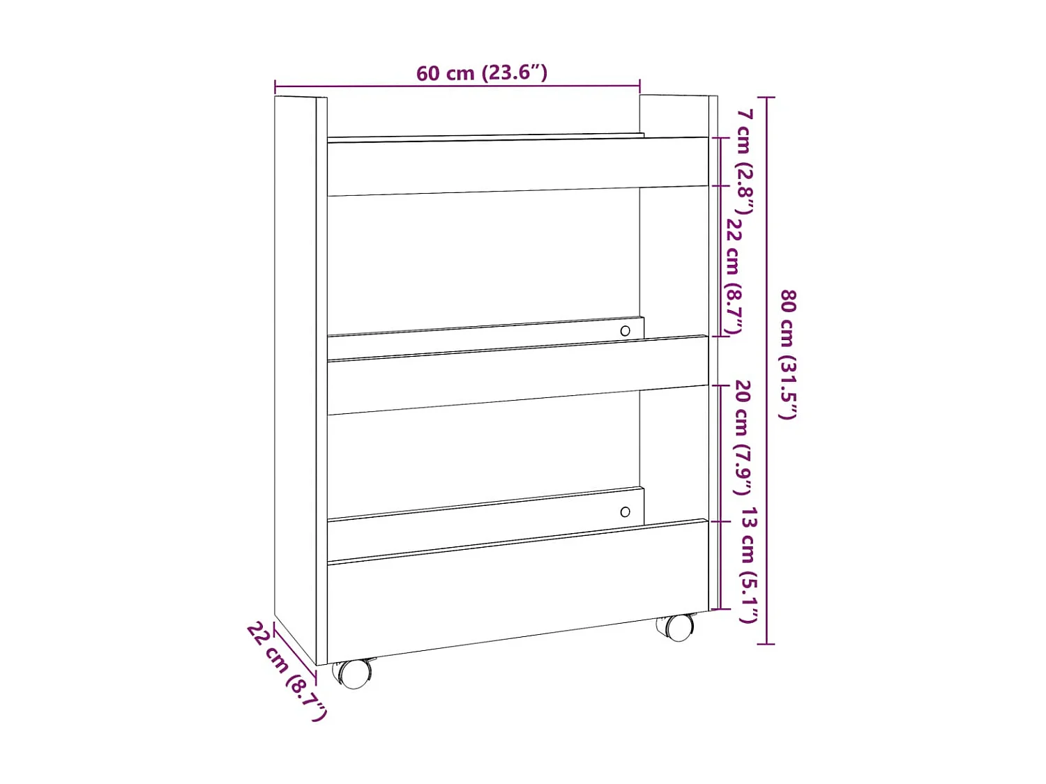 Carro de almacenaje estrecho 3 niveles madera roble Sonoma
