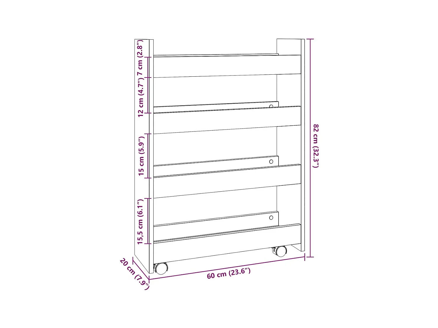 Carrello Stretto a 4 Livelli Rovere Fumo in Truciolato