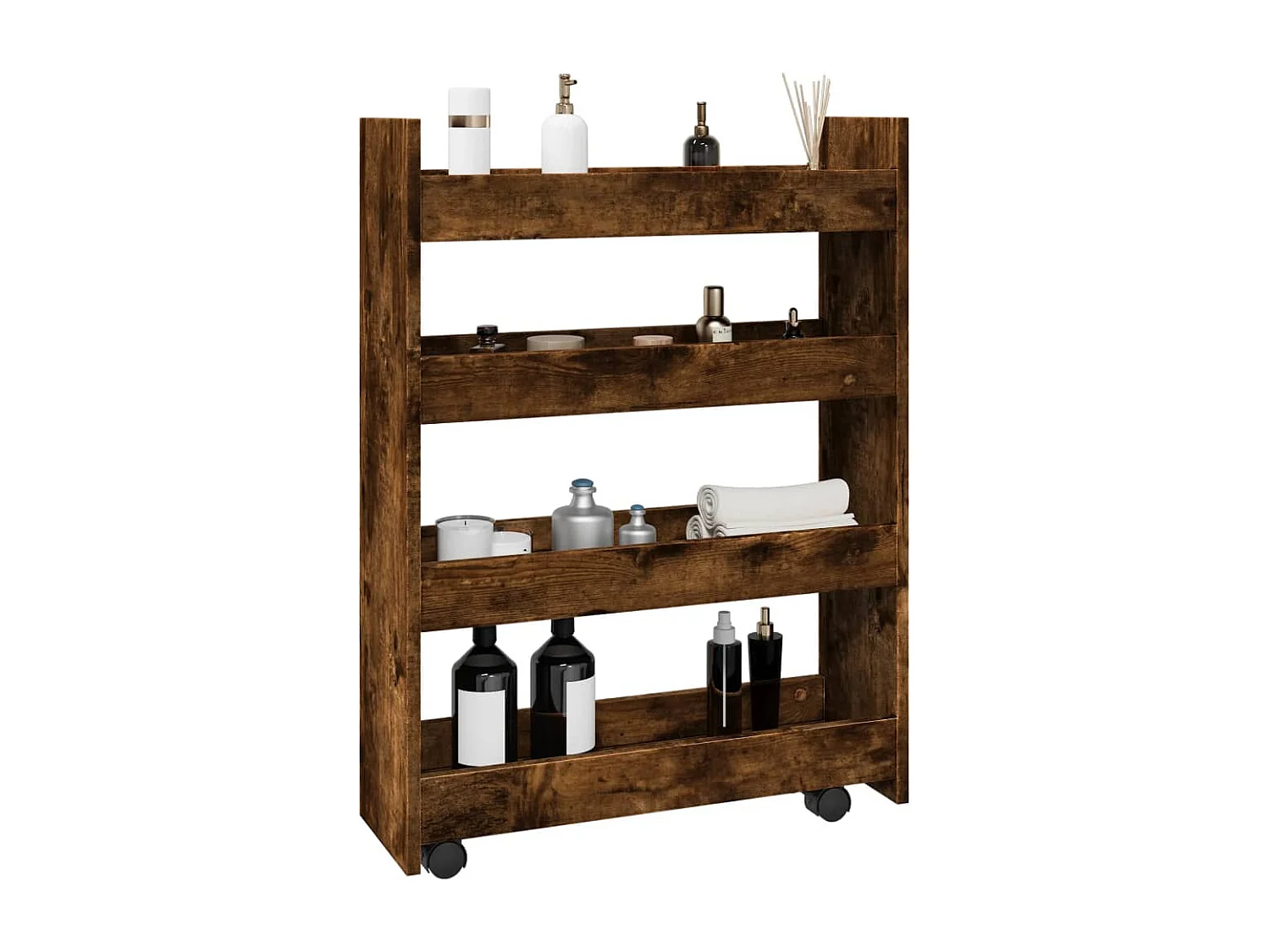 Chariot de rangement étroit 4 niveaux chêne fumé