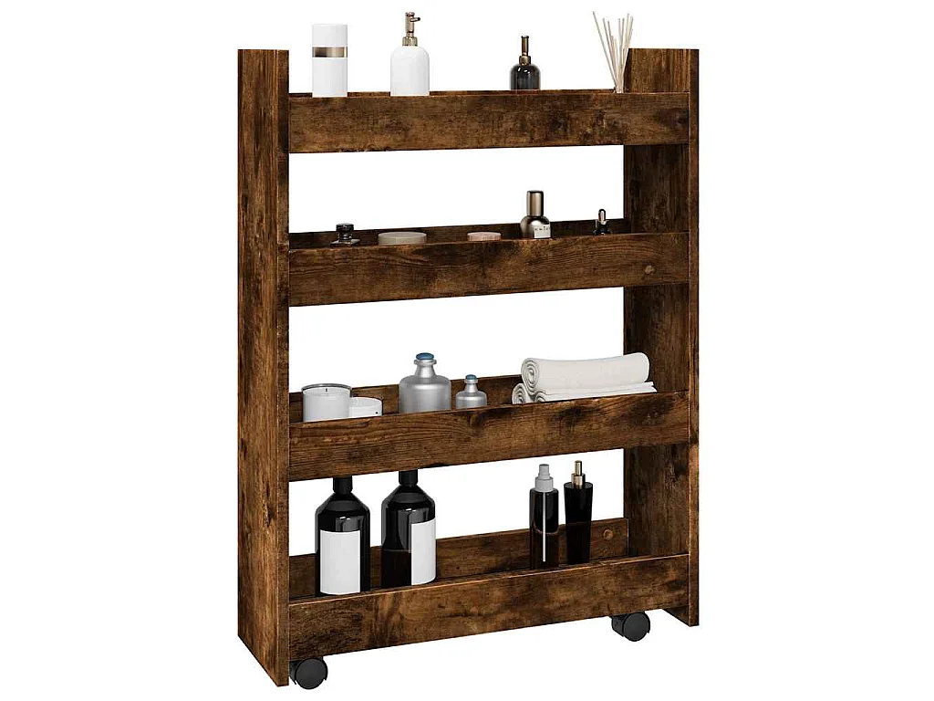 Opbergtrolley smal 4-laags bewerkt hout gerookt eikenkleurig