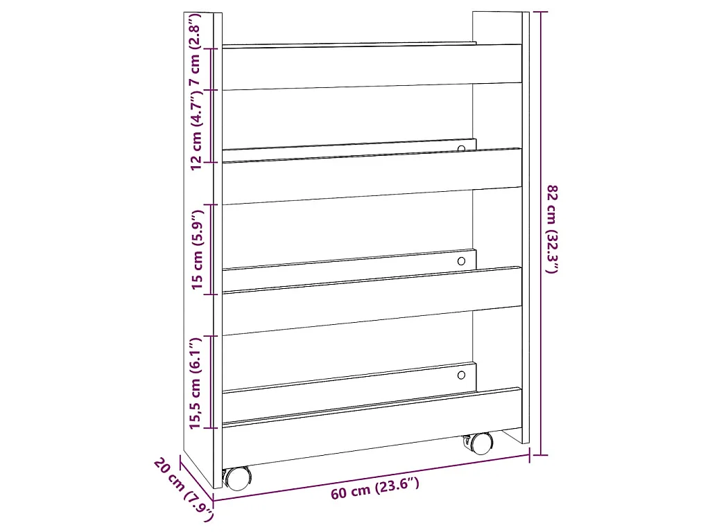 Opbergtrolley smal 4-laags bewerkt hout gerookt eikenkleurig
