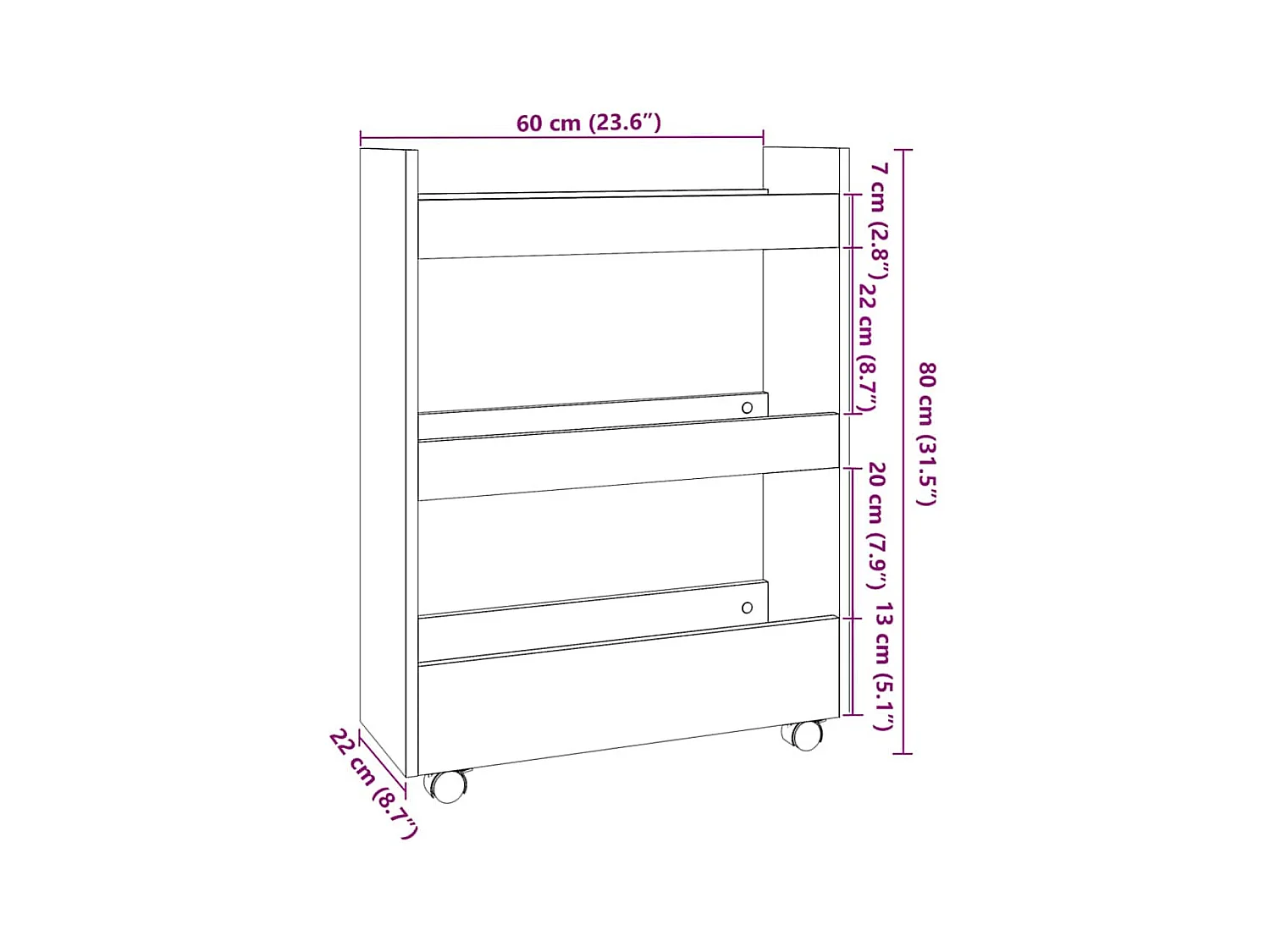 Carrello Stretto a 3 Livelli Rovere Artigianale in Truciolato