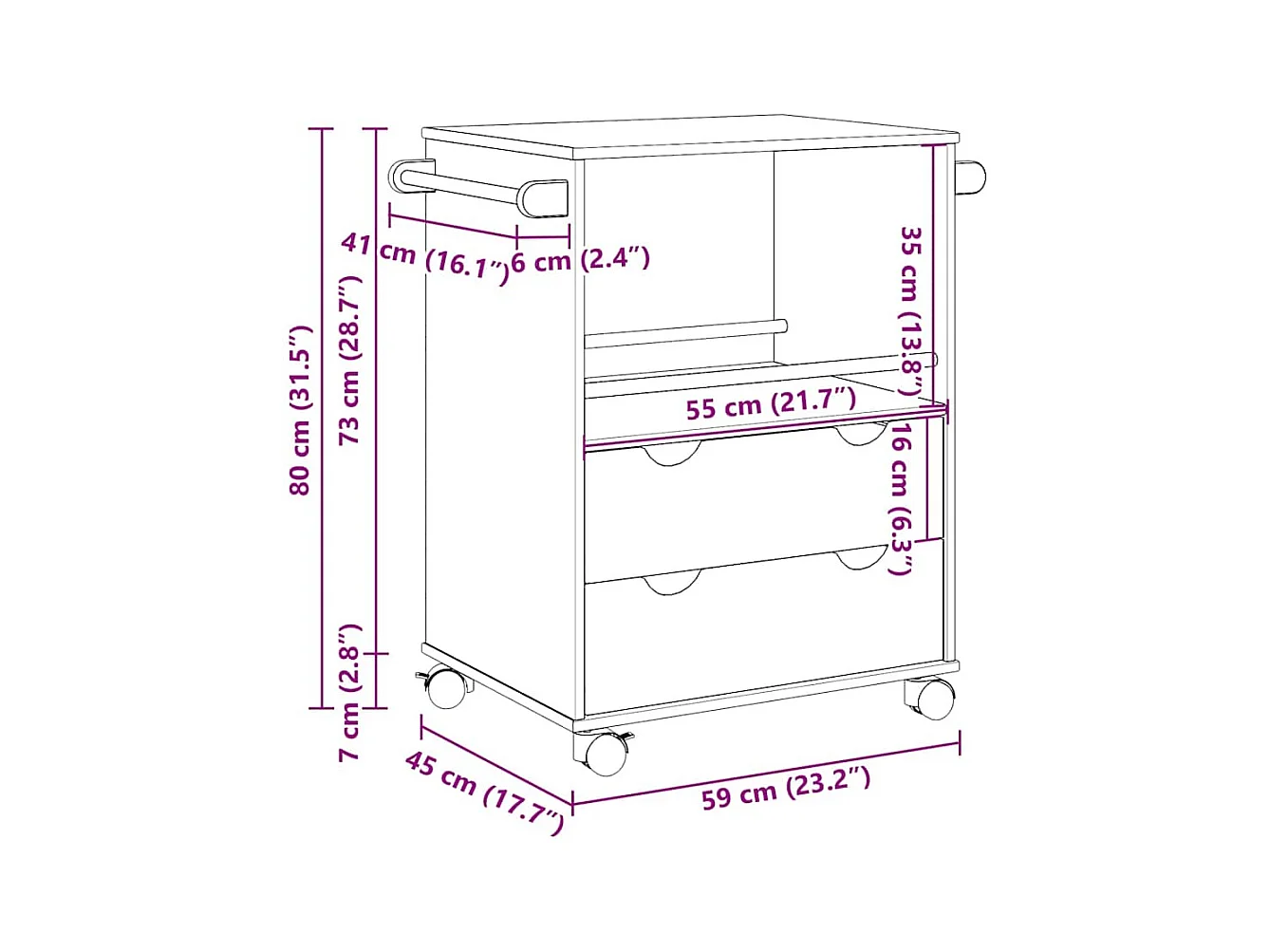 Carrinho de cozinha OTTA 59x45x80 cm madeira de pinho maciça