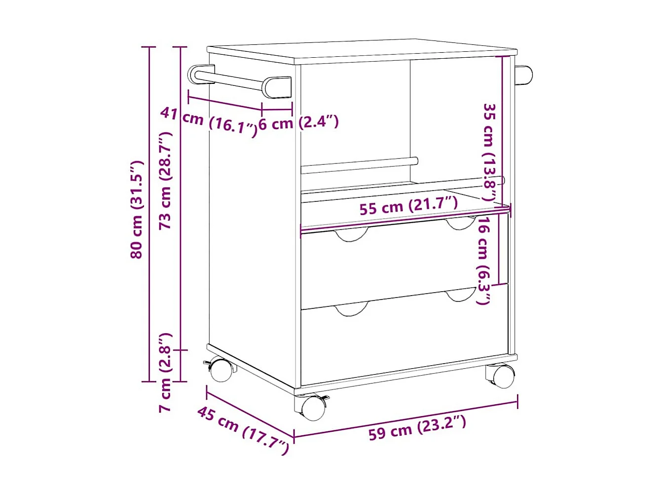 Chariot de cuisine OTTA 59x45x80 cm bois massif de pin