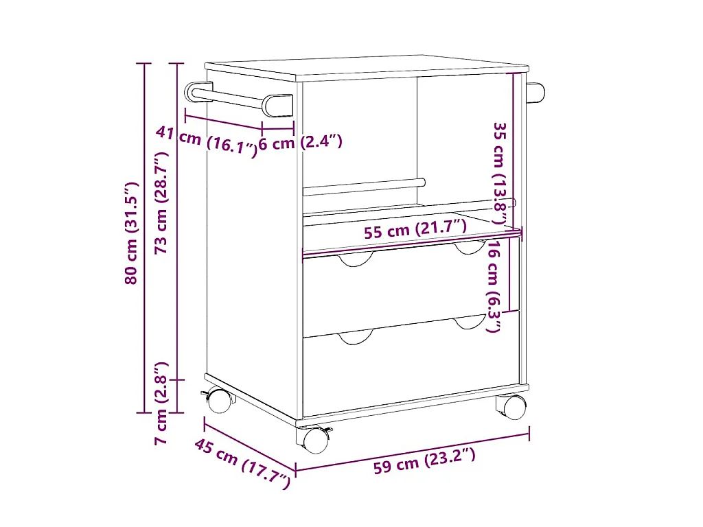 Carrito de cocina OTTA madera maciza de pino 59x45x80 cm