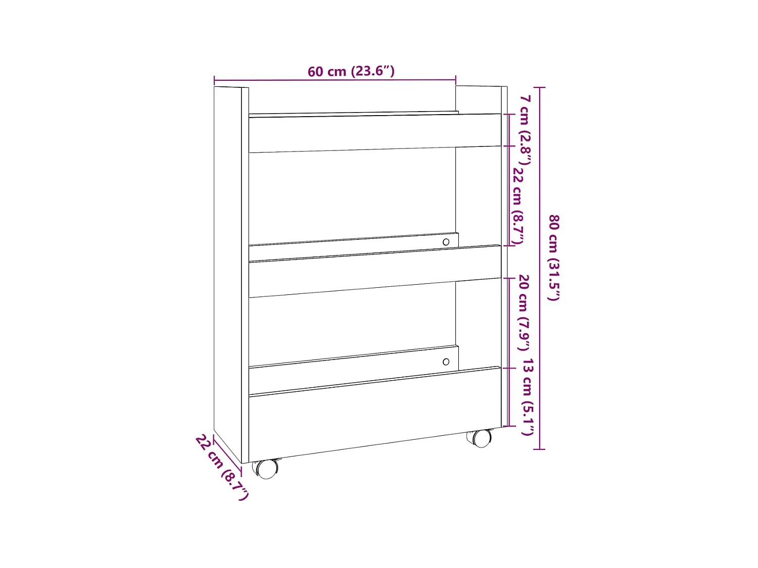 Trólei arrumação estreito 3prat. deriv. madeira carvalho fumado