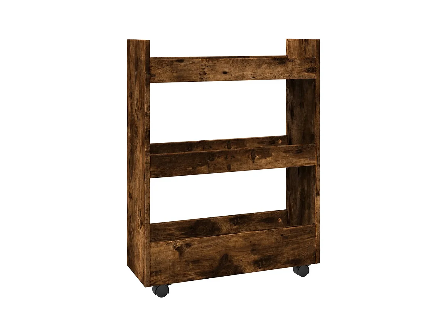 Opbergtrolley smal 3-laags bewerkt hout gerookt eikenkleurig