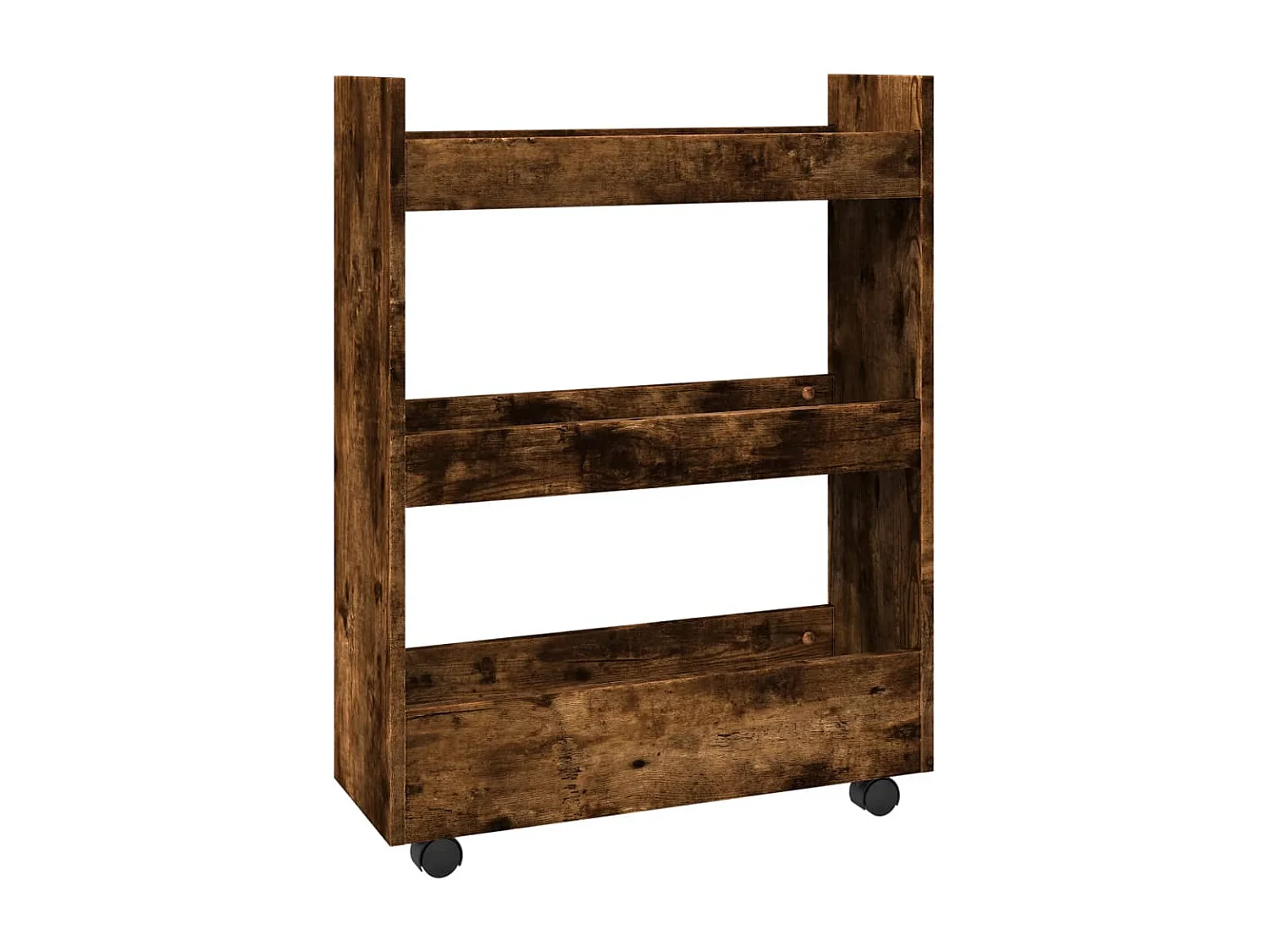 Opbergtrolley smal 3-laags bewerkt hout gerookt eikenkleurig