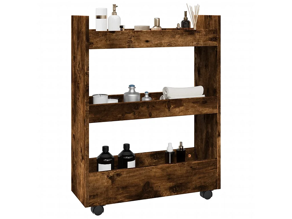 Chariot de rangement étroit 3 niveaux chêne fumé