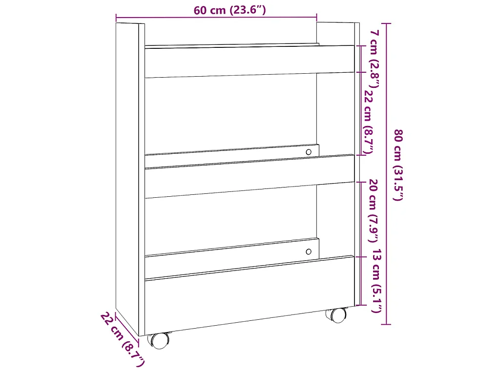 Chariot de rangement étroit 3 niveaux chêne fumé