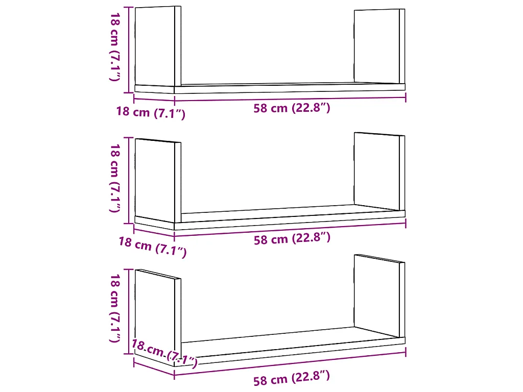 Étagères murales 3 pcs chêne fumé 58x18x18 cm bois d'ingénierie